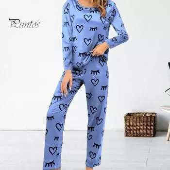Женский весенний пижамный комплект из 2 шт./компл. с принтом сердца и круглым вырезом с длинным рукавом, мягкая эластичная талия, тонкая повседневная домашняя одежда, комплект из двух предметов, брюки, одежда для сна M синий