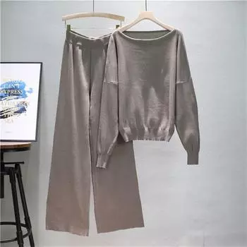 Женский весенний повседневный комплект на одно плечо, свободный вязаный свитер, брюки широкие, комплект из двух предметов, трендовый One Size верблюд