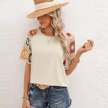 Женский весенний свитер с круглым вырезом и коротким рукавом, повседневная футболка с цветочным узором, связанная крючком S чёрный