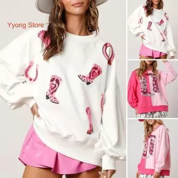 Женский весенний свитшот с узором в виде сапог с пайетками, длинный рукав, цветное пэчворк, свободный крой, повседневный топ ко Дню святого Валентина S белый