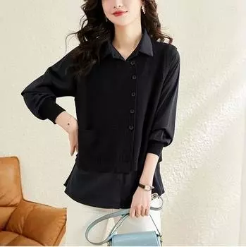 Женский весенний темпераментный элегантный трикотаж с длинным рукавом свободный повседневный топ XL чёрный