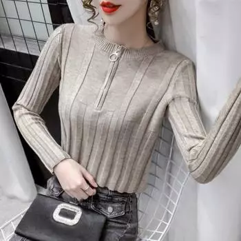 Женский весенний тонкий трикотаж, топы, повседневный пуловер с воротником и длинными рукавами, женская рубашка в полоску в стиле пэчворк, вязаный свитер M хаки