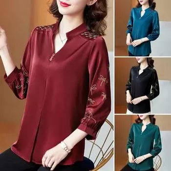 Женский весенний топ из атласа, однотонный ретро-вышивка в стиле пэчворк, V-образный вырез, рукав три четверти, большие размеры, элегантный стиль для мам XL зелёный