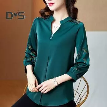 Женский весенний топ из атласа, однотонный ретро-вышивка в стиле пэчворк, V-образный вырез, рукав три четверти, большие размеры, элегантный стиль для мам XL зелёный