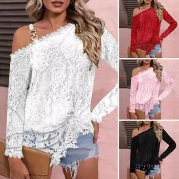 Женский весенний топ на одно плечо, ажурное кружево, сплошной цвет, декор в виде цепочки, наклонная шея, длинный рукав, неровный подол, цветочная вышивка, женская элегантная футболка S синий