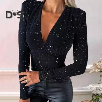 Женский весенний топ с глубоким v-образным вырезом, однотонный, мягкий, облегающий, плиссированный, с длинным рукавом, с плотной талией, эластичная рубашка для поездок на работу XL чёрный