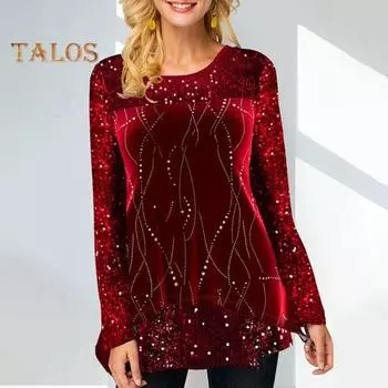 Женский весенний топ с круглым вырезом и блестками, с длинным рукавом, свободный лоскутный цветочный принт, неровный подол, свободный средней длины, женская вечеринка S красный