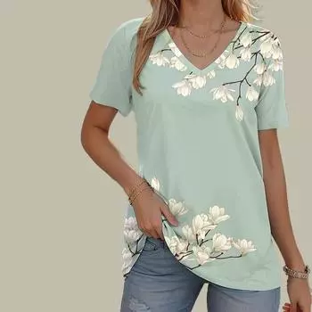 Женский весенний топ с v-образным вырезом и короткими рукавами, свободная футболка, повседневная рубашка XS зелёный