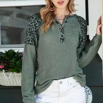 Женский весенний топ с v-образным вырезом, вязаная вафельная текстура, леопардовый принт, контрастный цвет, свободный пуловер с длинными рукавами, повседневная женская футболка