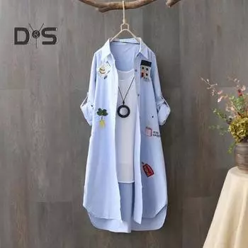 Женский весенний топ с вышивкой в виде мультфильма, свободный, неровный подол, однотонный, отложной воротник, однобортный, защита от солнца, мягкий, дышащий, длинные рукава, средняя длина M синий