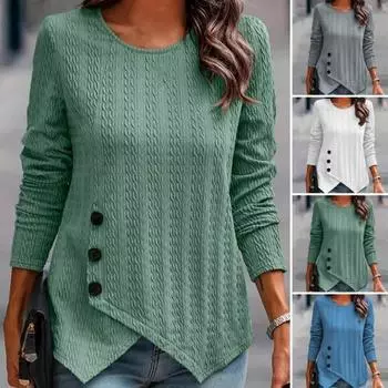 Женский весенний топ с жаккардовым украшением на пуговицах, нерегулярный подол, ребристый круглый вырез, теплый мягкий женский весенний свитер с длинными рукавами, женская одежда L циан