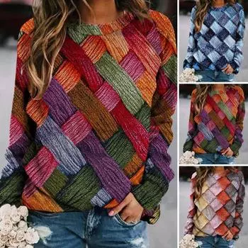 Женский весенний топ в стиле ретро с красочным принтом, круглым вырезом, длинными рукавами реглан, свободный пуловер, повседневная женская футболка больших размеров средней длины M синий