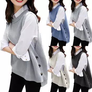 Женский весенний вязаный жилет повседневный без рукавов с V-образным вырезом, боковыми пуговицами, декоративными пуговицами, однотонный топ One Size чёрный