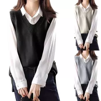 Женский весенний вязаный жилет повседневный без рукавов с V-образным вырезом, боковыми пуговицами, декоративными пуговицами, однотонный топ One Size бежевый