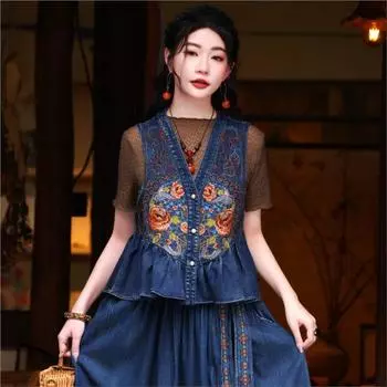 Женский весенний жилет в китайском стиле Johnature в винтажном стиле с v-образным вырезом в стиле ретро, модный повседневный однобортный жилет с вышивкой M