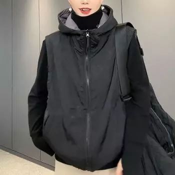 Женский ветрозащитный жилет с капюшоном на осень и зиму, однотонный, двусторонний, повседневный, на молнии, без рукавов, толстый XXXXL чёрный