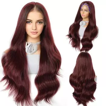 Женский винно-красный передний кружевной парик 26 дюймов, модный длинный волнистый парик из синтетического термостойкого волокна, винно-красный парик, парик для повседневного косплея