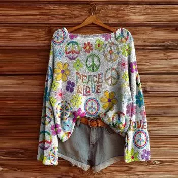 Женский винтажный этнический свитер с цветочным принтом, повседневный пуловер M