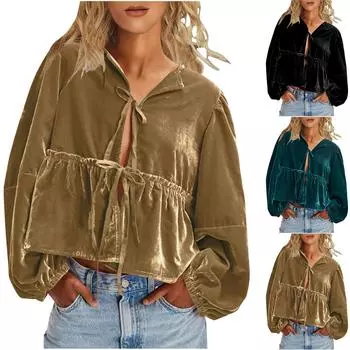 Женский винтажный бархатный топ, бархатные рубашки, весенние топы с длинным рукавом, свободный крой, повседневные элегантные ретро-бархатные блузки M чёрный