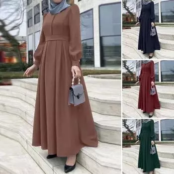 Женский винтажный Дубай Абая Турция Сарафан однотонная мусульманская исламская одежда с длинным рукавом макси длинное платье