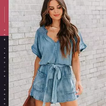 Женский винтажный джинсовый комбинезон, летний джинсовый комбинезон с рюшами и V-образным вырезом, широкими штанинами и поясом, с карманами M синий