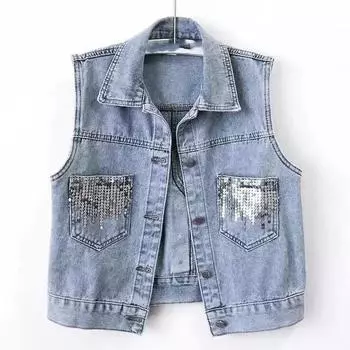 Женский винтажный джинсовый жилет с пайетками, короткий жилет, офисный повседневный джинсовый жилет 4XL