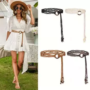 Женский винтажный изысканный повседневный аксессуар в стиле бохо, плетеный пояс, тканый чёрный