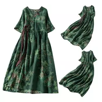 Женский винтажный кардиган на шнуровке из хлопка и льна с v-образным вырезом и короткими рукавами с принтом платье L зелёный