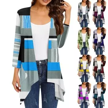 Женский винтажный кардиган с рукавом 3/4 и графическим принтом, вязаный легкий кардиган с открытой передней частью, свитер с карманами M тёмно-синий