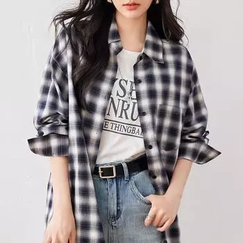 Женский винтажный клетчатый повседневный свободный топ с длинными рукавами S серый