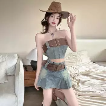 Женский винтажный комплект Spice Girl с поясом и юбкой с высокой талией S