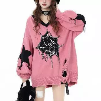 Женский винтажный контрастный цвет готический уличный свитер свободного покроя Y2K Harajuku Fairy Hole V-образный вырез с длинным рукавом пуловер Топы S красный