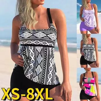 Женский винтажный купальник-танкини с принтом, сексуальный купальник, женский винтажный комплект из двух предметов с высокой талией, купальный костюм, модная пляжная одежда S чёрный