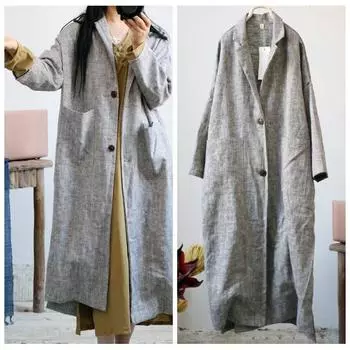 Женский винтажный льняной плащ Johnature, однотонное пальто с отложным воротником и длинными рукавами, осеннее женское пальто с карманами на пуговицах One Size светло-серый