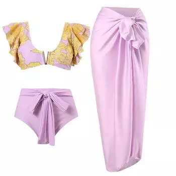 Женский винтажный модный летний пляжный комплект бикини, комплект из 3 предметов, комплект купальников, топ с оборками и подкладкой, верх с высокой талией, низ на шнуровке, закрывающий купальник, купальный костюм S