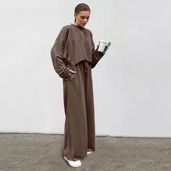 Женский винтажный модный повседневный костюм, осенний свободный круглый вырез, длинный рукав, толстовка с капюшоном, шнуровка, эластичный пояс, прямые брюки S коричневый