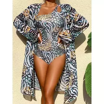 Женский винтажный модный солнцезащитный купальник с подкладкой на одно плечо и открытой спиной Моникини с принтом и длинными рукавами, накидка, купальник, купальный костюм из двух частей S