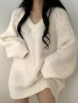 Женский винтажный однотонный свитер с v-образным вырезом, пуловеры, повседневные свободные джемперы с длинными рукавами, осенние женские тонкие вязаные топы, базовая уличная одежда M зелёный