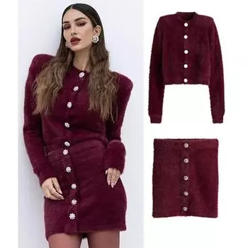Женский винтажный однотонный трикотажный костюм с юбкой, осенне-зимний однобортный кардиган с длинным рукавом и короткими юбками А-силуэта, комплект из двух предметов S бордовый