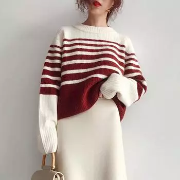 Женский винтажный полосатый свитер с круглым вырезом, пуловеры, повседневные свободные джемперы с длинными рукавами, осенние женские тонкие топы с заниженными плечами S чёрный