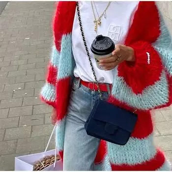 Женский винтажный полосатый вязаный кардиган, повседневный свободный толстый свитер с рукавами-фонариками, осень-зима, модное уличное пальто, свитер, длинная куртка, юбка-подкладка S красный