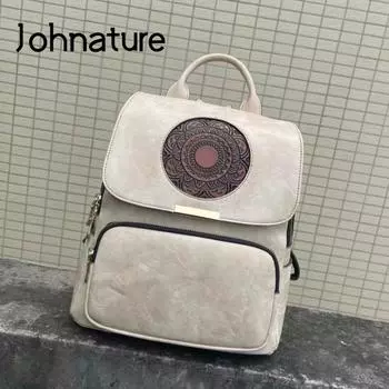 Женский винтажный рюкзак Johnature с тиснением тотема, кожаная сумка, универсальные однотонные дорожные рюкзаки большой вместимости чёрный