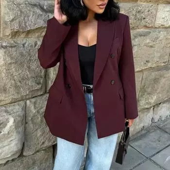 Женский винтажный свободный пиджак с большими лацканами, осенний двубортный пиджак с длинным рукавом, офисная женская верхняя одежда S бордовый