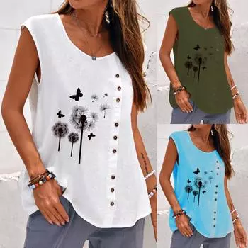 Женский винтажный свободный пуловер без рукавов, жилет с принтом, хлопково-льняная футболка