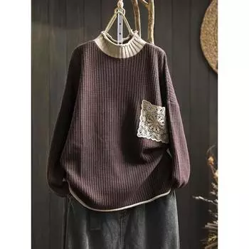 Женский винтажный свободный свитер с круглым вырезом и заплатками, повседневный свитер с длинными рукавами в китайском стиле One size кофейный