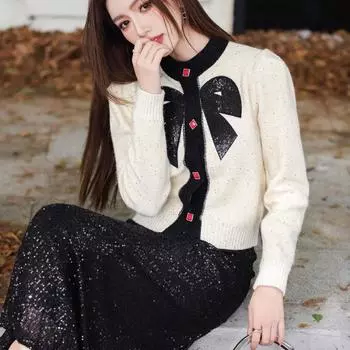 Женский винтажный вязаный кардиган с вышивкой и длинными рукавами, круглый вырез, ребристая отделка, женский элегантный свитер, верхняя одежда C-044
