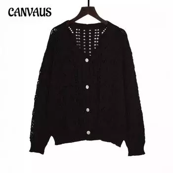 Женский винтажный вязаный свитер, ажурный дышащий кардиган на пуговицах с V-образным вырезом, однотонный топ XL чёрный