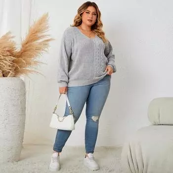Женский винтажный вязаный свитер с v-образным вырезом и длинным рукавом, свободный повседневный свитер, легкий, удобный, модный пуловер для поездок на работу, плюс свитер XL серый