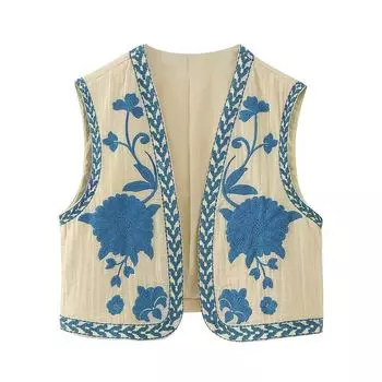 Женский винтажный жилет с цветочной вышивкой в стиле бохо, повседневный кардиган без рукавов с открытой передней частью, жилет L синий