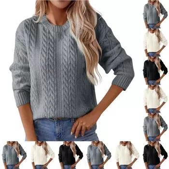 Женский витой свитер-пуловер, винтажный круглый вырез, длинный рукав, вязаный свитер L бежевый